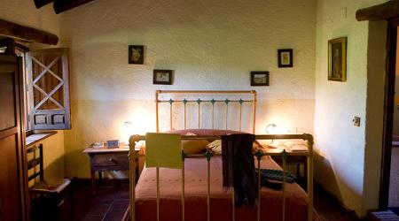 habitación con cama de matrimonio y cuarto de baño propio con ducha 